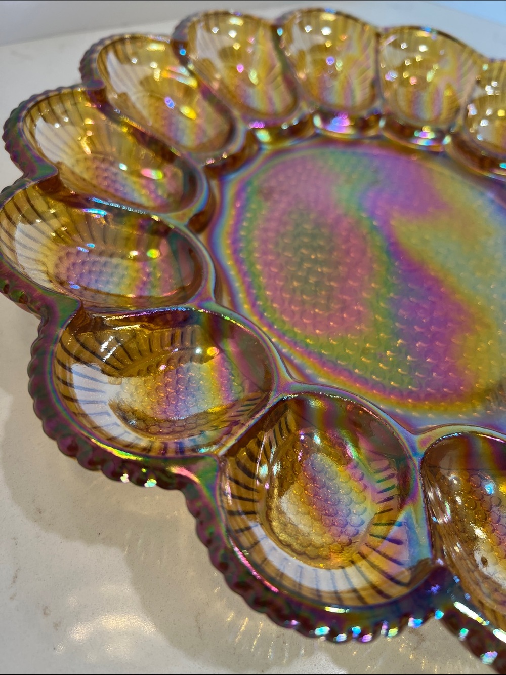 Vintage Indiana Glass Carnival Glass Deviled Egg Platter Plate Amber Hobnail 11”
